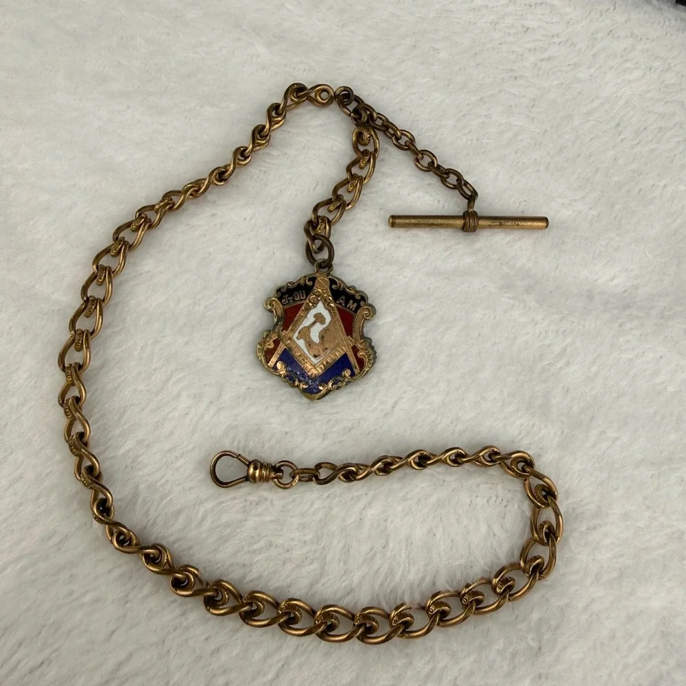 Vintage Jr OUAM Pocket Watch Chain Gold Tone Enamel Fob T-Bar Mechanics 14in